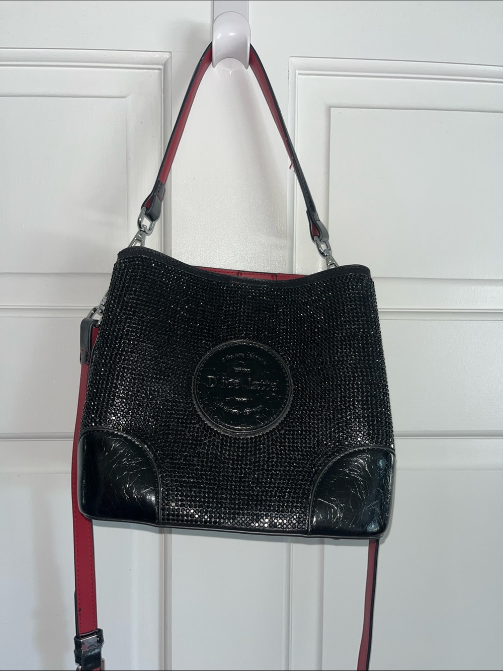 Dice Latte Beaded Black Shoulder Bag with Red Trim